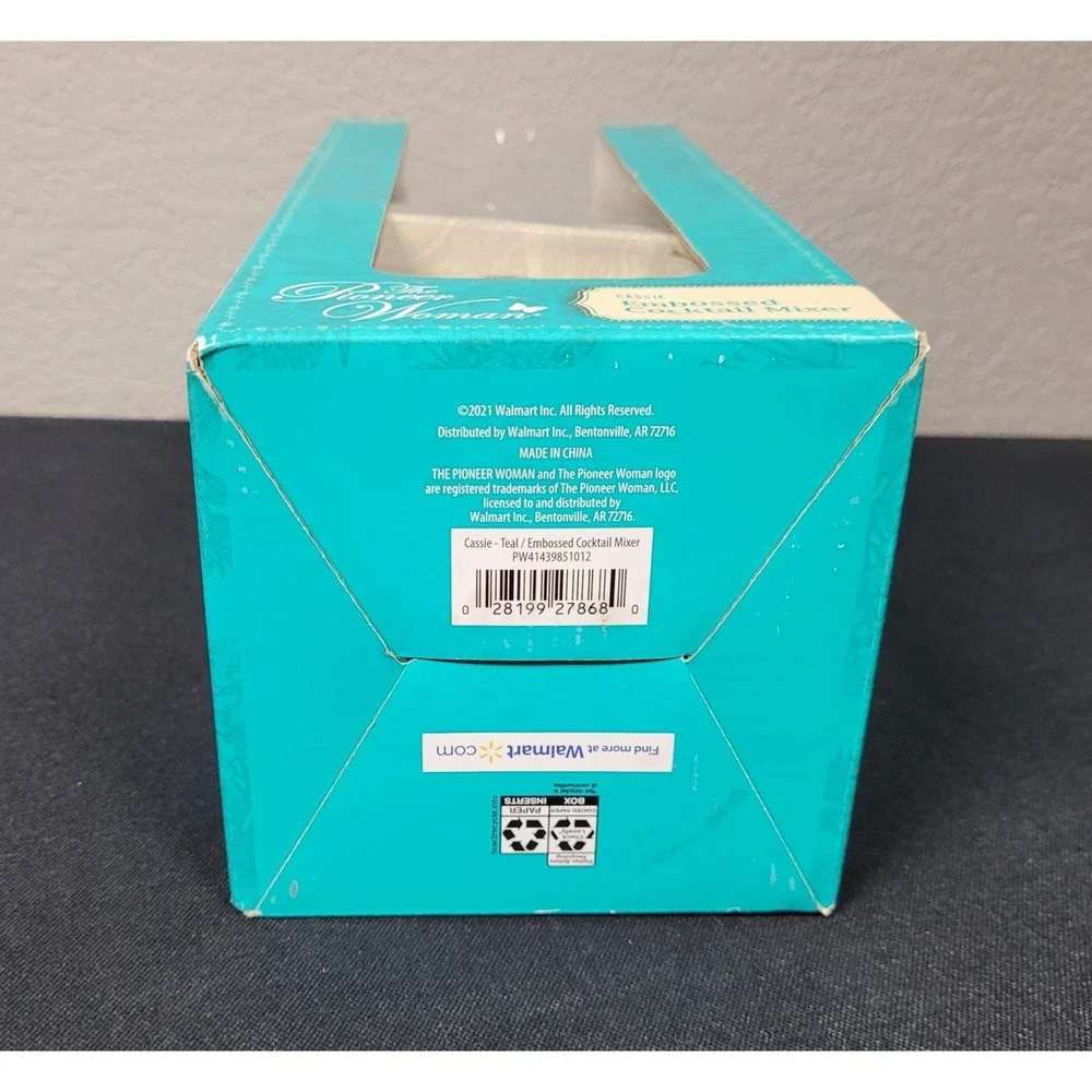The Pioneer Woman Cassie Embossed Cocktail Mixer Teal Glass w/ Metal Lid NEW